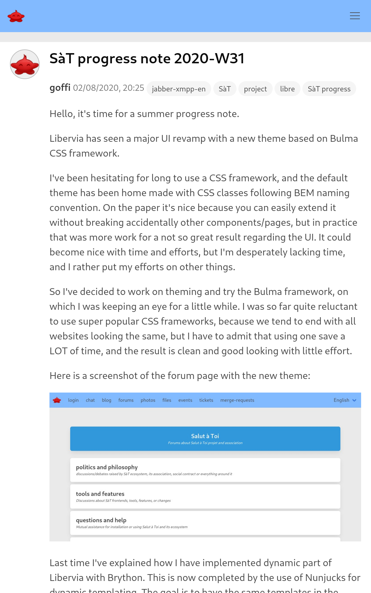 capture d’écran d’un blog de Salut à Toi dans la version 0.8 à venir, sur un écran de type tablette